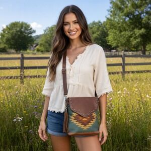 Nocona Womens Western Aztec Crossbody Bag Brown Teal Studded Tassel Boho